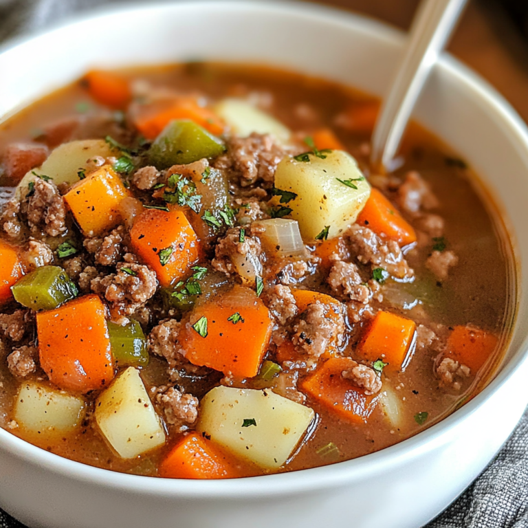 Hearty Hamburger Stew Bursting with Savory Ground Beef and Tender Veggies
