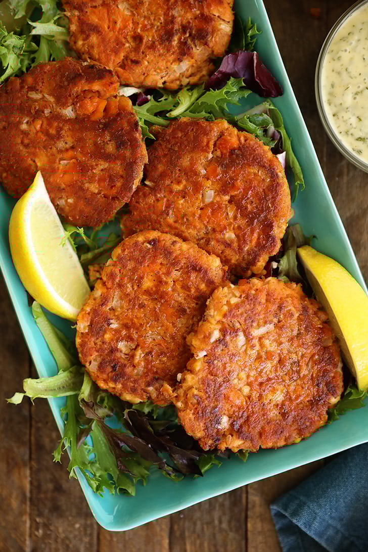 Old Fashioned Salmon Patties on a platter.