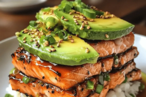 Teriyaki Salmon Avocado Rice Stack Recipe